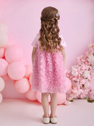 Young Girl' Pink Patchwork Ruffled Floral Front Bow Decor Knitted A-Line Dress