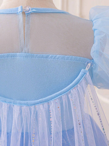 Kids Young Girl Princess Dress, Blue Sequin Ombre Snowflake Print Tulle Puff Sleeve Dress With Cape