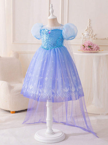 Kids Young Girl Princess Dress, Blue Sequin Ombre Snowflake Print Tulle Puff Sleeve Dress With Cape