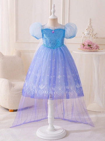 Kids Young Girl Princess Dress, Blue Sequin Ombre Snowflake Print Tulle Puff Sleeve Dress With Cape