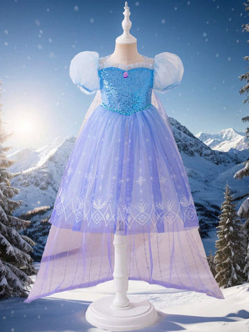 Kids Young Girl Princess Dress, Blue Sequin Ombre Snowflake Print Tulle Puff Sleeve Dress With Cape
