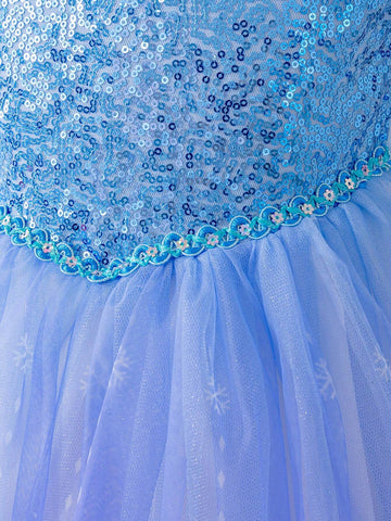 Kids Young Girl Princess Dress, Blue Sequin Ombre Snowflake Print Tulle Puff Sleeve Dress With Cape