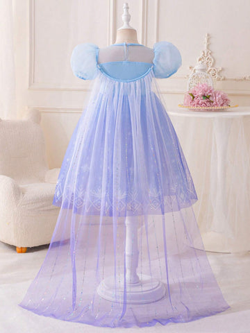 Kids Young Girl Princess Dress, Blue Sequin Ombre Snowflake Print Tulle Puff Sleeve Dress With Cape