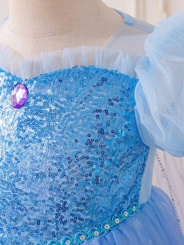 Kids Young Girl Princess Dress, Blue Sequin Ombre Snowflake Print Tulle Puff Sleeve Dress With Cape
