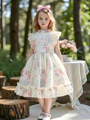 Young Girl' Rose Ditsy Floral Sleeveless Puff Dress, High Quality Princess Style Summer Swing Dress