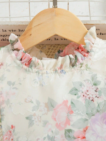 Young Girl' Rose Ditsy Floral Sleeveless Puff Dress, High Quality Princess Style Summer Swing Dress