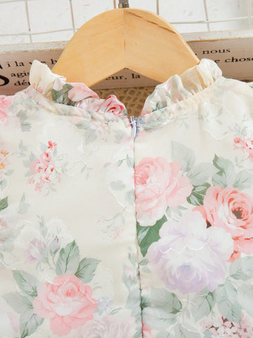 Young Girl' Rose Ditsy Floral Sleeveless Puff Dress, High Quality Princess Style Summer Swing Dress
