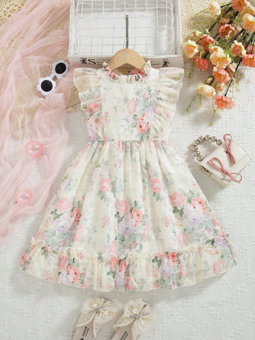 Young Girl' Rose Ditsy Floral Sleeveless Puff Dress, High Quality Princess Style Summer Swing Dress