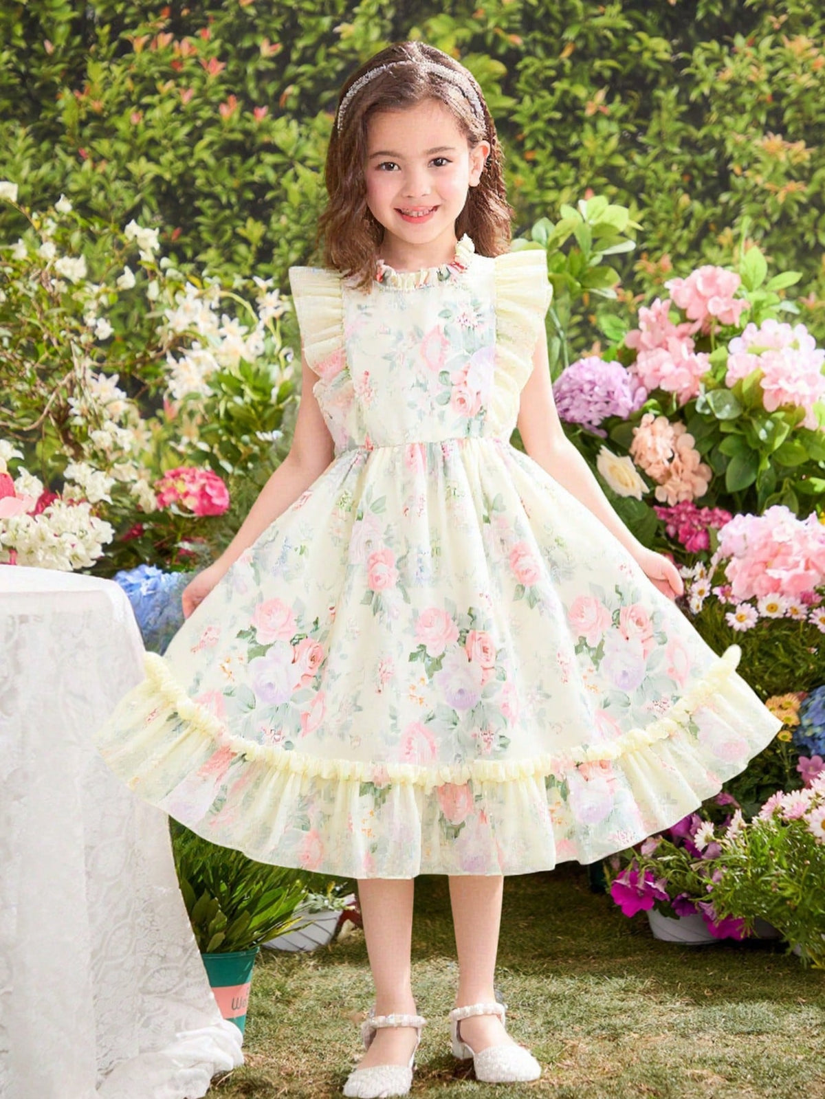 Young Girl' Rose Ditsy Floral Sleeveless Puff Dress, High Quality Princess Style Summer Swing Dress