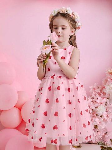 Young Girl Summer New Mesh Heart Princess Party Dress, Cute Young Girl Puff Sleeve Dress Outfit