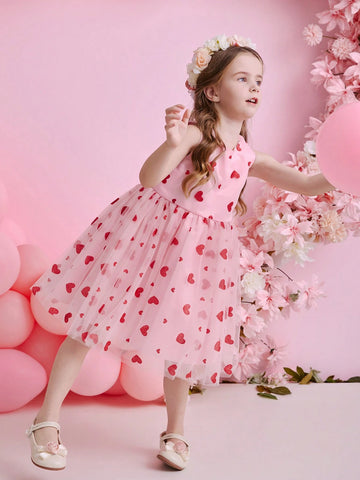 Young Girl Summer New Mesh Heart Princess Party Dress, Cute Young Girl Puff Sleeve Dress Outfit