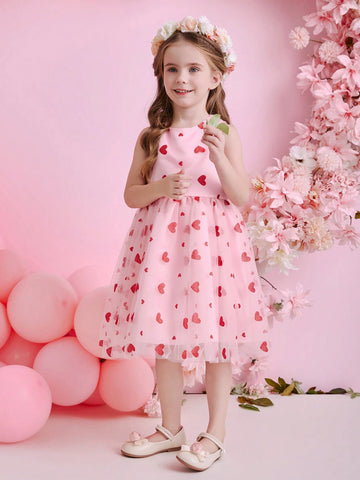 Young Girl Summer New Mesh Heart Princess Party Dress, Cute Young Girl Puff Sleeve Dress Outfit