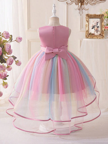 Kids Young Girls Christmas Party Wear Elaborate Sequin Sleeveless Colorful Tulle Faux Pearl Princess Dress