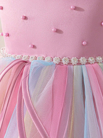 Kids Young Girls Christmas Party Wear Elaborate Sequin Sleeveless Colorful Tulle Faux Pearl Princess Dress