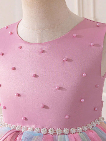 Kids Young Girls Christmas Party Wear Elaborate Sequin Sleeveless Colorful Tulle Faux Pearl Princess Dress