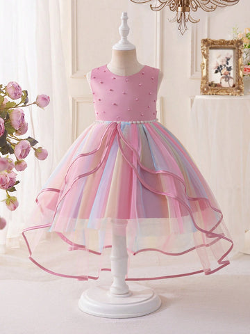 Kids Young Girls Christmas Party Wear Elaborate Sequin Sleeveless Colorful Tulle Faux Pearl Princess Dress