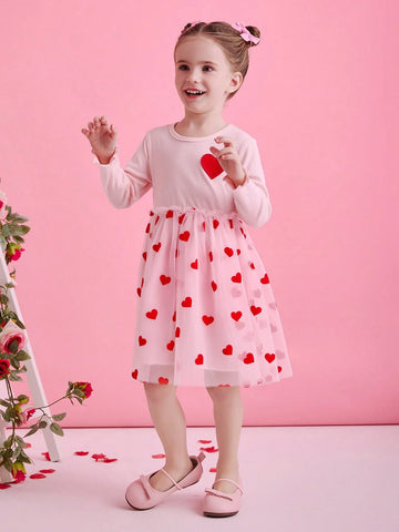 Glamorique Kids Young Girls Heart Embroidery Tulle Dress, Suitable For Party, Holiday, Everyday Wear, Spring & Autumn
