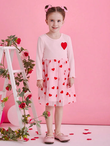 Glamorique Kids Young Girls Heart Embroidery Tulle Dress, Suitable For Party, Holiday, Everyday Wear, Spring & Autumn