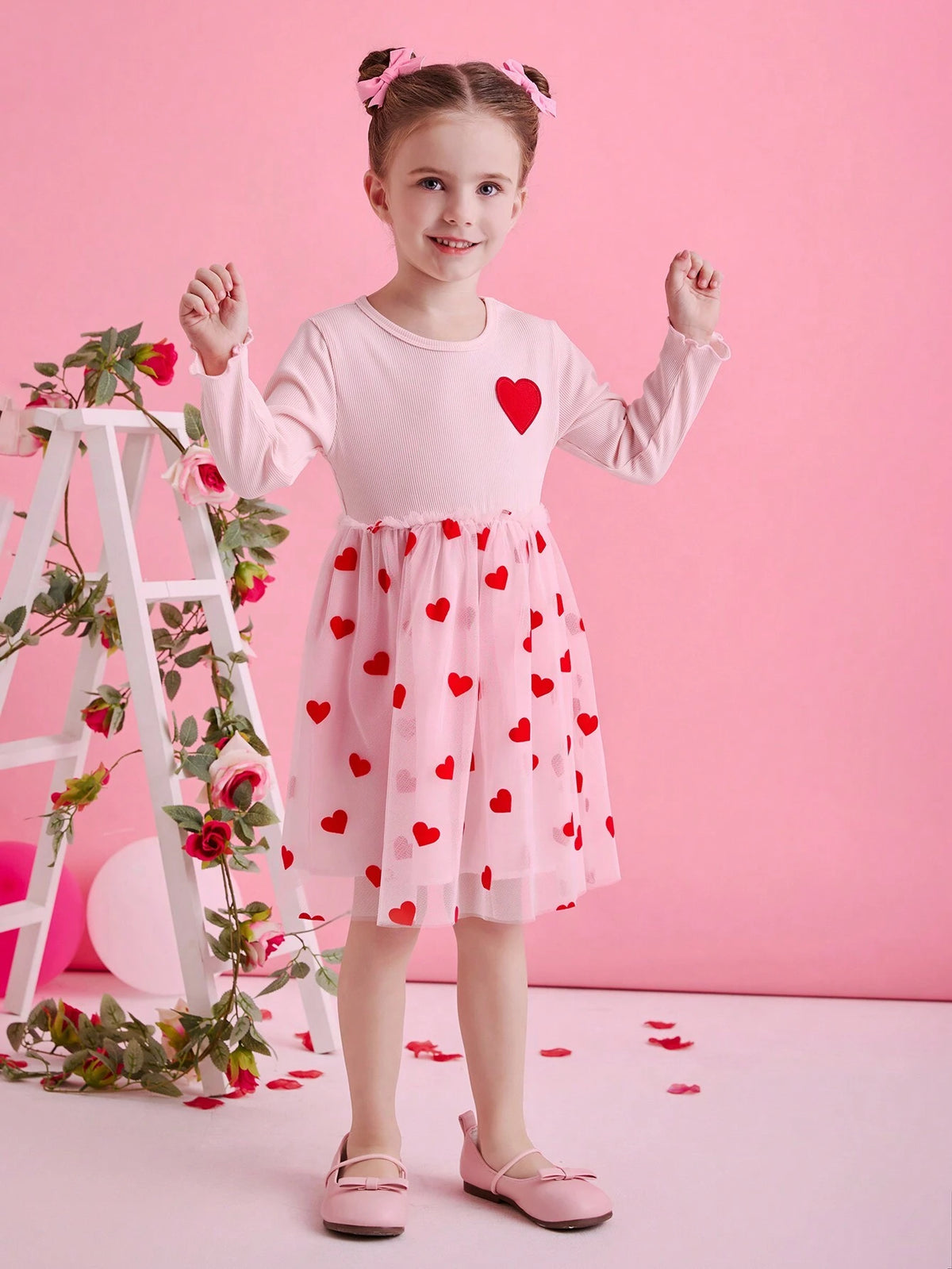 Glamorique Kids Young Girls Heart Embroidery Tulle Dress, Suitable For Party, Holiday, Everyday Wear, Spring & Autumn