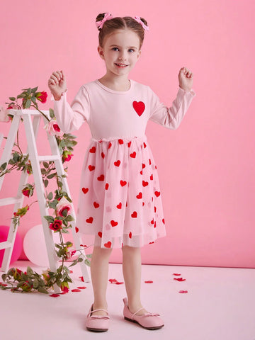 Glamorique Kids Young Girls Heart Embroidery Tulle Dress, Suitable For Party, Holiday, Everyday Wear, Spring & Autumn