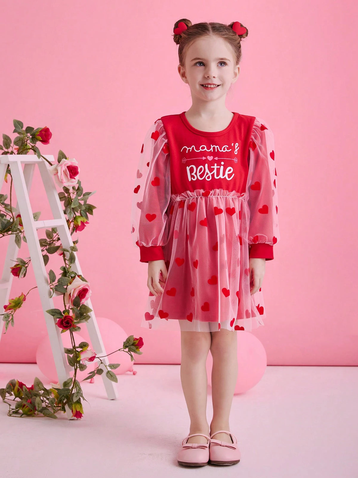 Young Girls Party Heart Mesh Puff Sleeve Dress, Suitable For Holiday, Party, Fit For Spring, Autumn, Winter