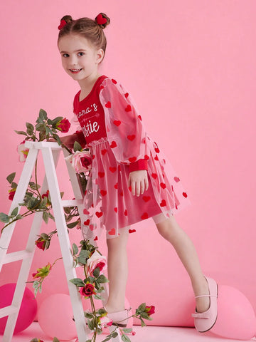 Young Girls Party Heart Mesh Puff Sleeve Dress, Suitable For Holiday, Party, Fit For Spring, Autumn, Winter