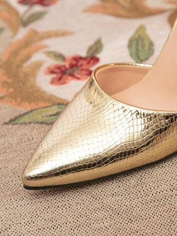 Glamorous Ankle Strap Pumps For Women, Metallic Snakeskin Embossed Chain Decor Sculptural Heeled