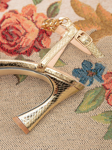 Glamorous Ankle Strap Pumps For Women, Metallic Snakeskin Embossed Chain Decor Sculptural Heeled