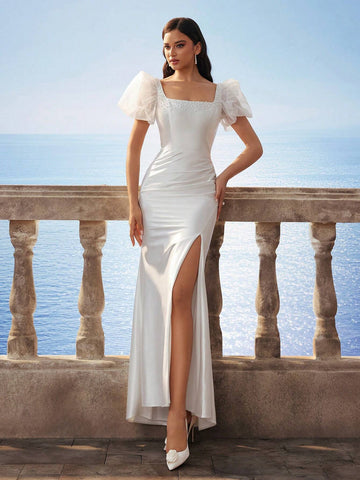 Glamorous Elegant Square Neck Baroque Tulle Puff Sleeve Victoria Faux Pearl Satin Slit Wedding Dress For Bride