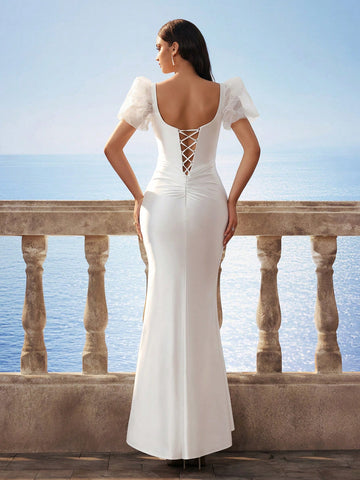 Glamorous Elegant Square Neck Baroque Tulle Puff Sleeve Victoria Faux Pearl Satin Slit Wedding Dress For Bride