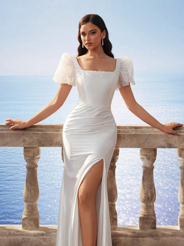 Glamorous Elegant Square Neck Baroque Tulle Puff Sleeve Victoria Faux Pearl Satin Slit Wedding Dress For Bride