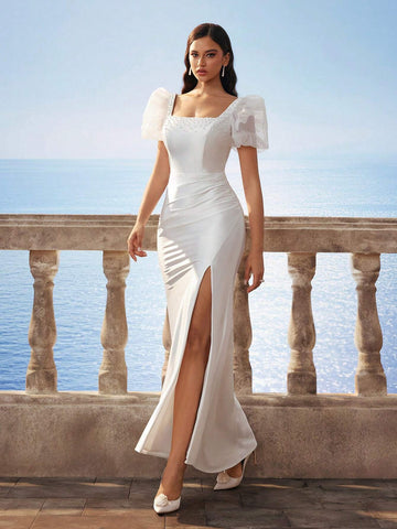 Glamorous Elegant Square Neck Baroque Tulle Puff Sleeve Victoria Faux Pearl Satin Slit Wedding Dress For Bride