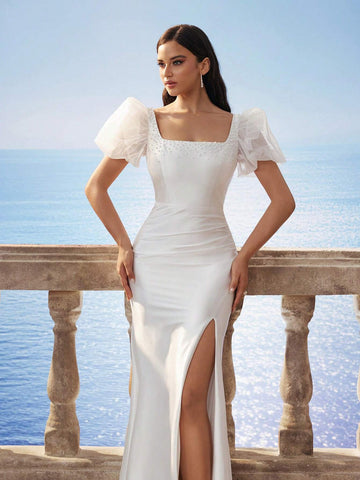 Glamorous Elegant Square Neck Baroque Tulle Puff Sleeve Victoria Faux Pearl Satin Slit Wedding Dress For Bride