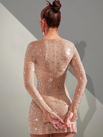 Glamorous Mesh See-Through Shiny Rhinestone Long Sleeve Square Neck Ruffle Hem Bodycon Party Club Mini Dress Music Festival
