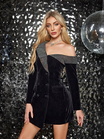Glamorous Sexy Rhinestone Embellished Double Breasted Asymmetric Open Shoulder Long Sleeve Cocktail Party Dress, Fall