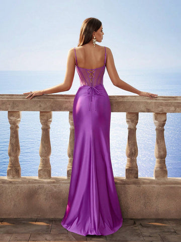 Glamorous Spaghetti Strap Satin Valentine's Day Dress, Sexy Sheer Corset Cami Formal Mermaid Bridesmaid Evening Party Dress