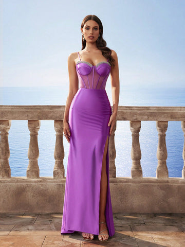 Glamorous Spaghetti Strap Satin Valentine's Day Dress, Sexy Sheer Corset Cami Formal Mermaid Bridesmaid Evening Party Dress