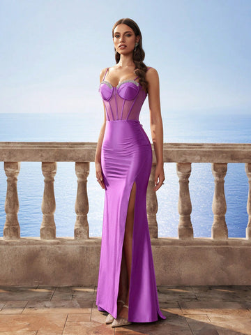 Glamorous Spaghetti Strap Satin Valentine's Day Dress, Sexy Sheer Corset Cami Formal Mermaid Bridesmaid Evening Party Dress