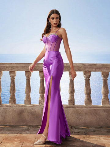 Glamorous Spaghetti Strap Satin Valentine's Day Dress, Sexy Sheer Corset Cami Formal Mermaid Bridesmaid Evening Party Dress