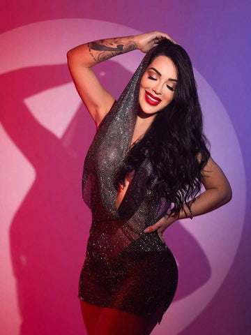 Glamorous Sparkly Rhinestone Cocktail Party Luxury Dresses For Women Sexy Y2k Sheer Backless Sleeveless Hooded Mesh Glitter Crystal Festival Rave Mini Dress Night Out Clubwear