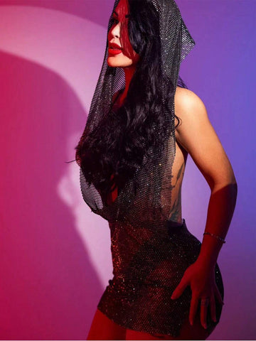 Glamorous Sparkly Rhinestone Cocktail Party Luxury Dresses For Women Sexy Y2k Sheer Backless Sleeveless Hooded Mesh Glitter Crystal Festival Rave Mini Dress Night Out Clubwear