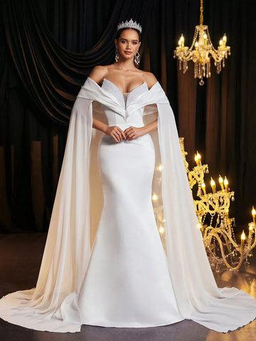 Glamrae Elegant And Gorgeous White Luxurious Handmade Pearls Deep V Neck Fluttering Sleeves Oversized Fishtail Skirt Long Ladies Formal Wedding Dress