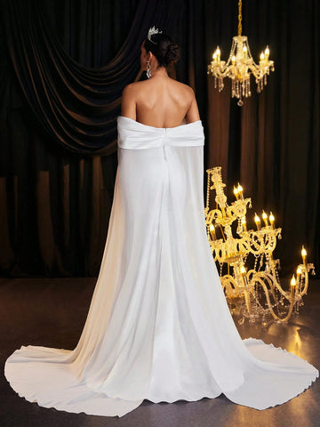 Glamrae Elegant And Gorgeous White Luxurious Handmade Pearls Deep V Neck Fluttering Sleeves Oversized Fishtail Skirt Long Ladies Formal Wedding Dress