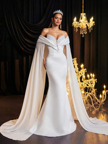 Glamrae Elegant And Gorgeous White Luxurious Handmade Pearls Deep V Neck Fluttering Sleeves Oversized Fishtail Skirt Long Ladies Formal Wedding Dress