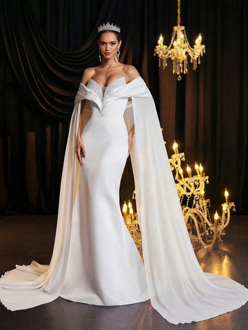 Glamrae Elegant And Gorgeous White Luxurious Handmade Pearls Deep V Neck Fluttering Sleeves Oversized Fishtail Skirt Long Ladies Formal Wedding Dress
