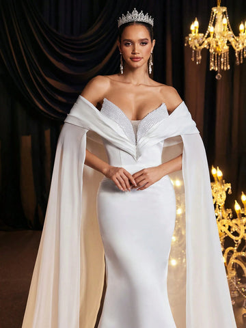Glamrae Elegant And Gorgeous White Luxurious Handmade Pearls Deep V Neck Fluttering Sleeves Oversized Fishtail Skirt Long Ladies Formal Wedding Dress