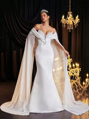 Glamrae Elegant And Gorgeous White Luxurious Handmade Pearls Deep V Neck Fluttering Sleeves Oversized Fishtail Skirt Long Ladies Formal Wedding Dress