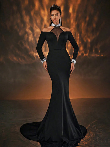 Glamrae Elegant Black Cold Shoulder Long Sleeve Mesh Inset V-Neck Beaded Trim Fish Tail Maxi Dress For Single Party Wedding Events