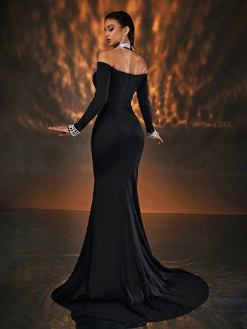 Glamrae Elegant Black Cold Shoulder Long Sleeve Mesh Inset V-Neck Beaded Trim Fish Tail Maxi Dress For Single Party Wedding Events