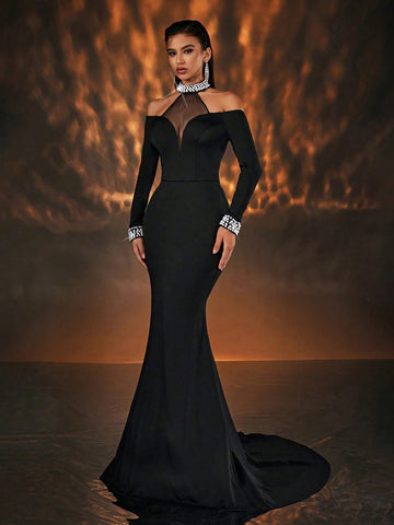 Glamrae Elegant Black Cold Shoulder Long Sleeve Mesh Inset V-Neck Beaded Trim Fish Tail Maxi Dress For Single Party Wedding Events
